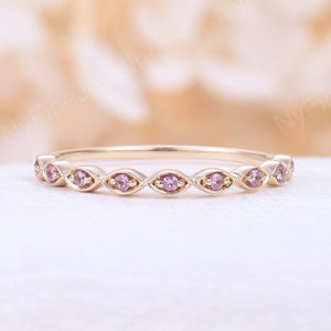 Pink sapphire wedding band art deco yellow gold ring vintage half eternity band thin dainty stacking delicate matching band anniversary ring