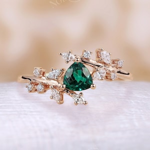 Trillion shaped Lab Emerald engagement ring Rose gold Vintage Diamond Cluster wedding ring Unique Delicate leaf Bridal Promise Anniversary