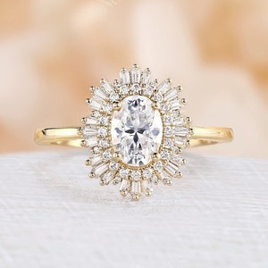 Vintage oval moissanite engagement ring 14K/18K yellow gold ring baguette starburst diamond halo Antique wedding Unique ring Anniversary