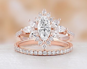 Vintage Marquise Lab-Grown Diamond Engagement Ring Set,Half Eternity Wedding Ring Set,2Pcs 18K Gold Ring,Halo Floral Design Ring Fiancé Ring