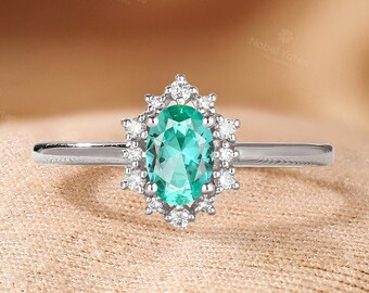 Art Deco Lab Green Sapphire Engagement Ring, Handmade 14K Rose Gold Ring, Diamond Halo Design Ring, Eco-friendly Gems Ring -NyFineJewelry