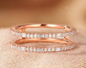 Art deco Diamond Moissanite wedding band Unique Baguette cut ring enhancer rose gold double band half eternity Stacking Ring jacket