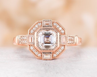 Art deco asscher cut moissanite engagement ring rose gold milgrain ring baguette cut cz ring vintage bezel set ring promise bridal ring