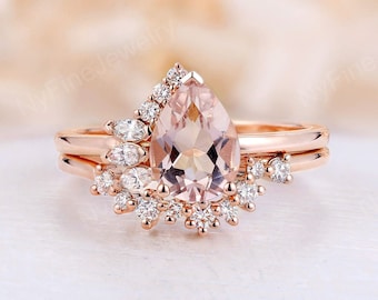 Vintage pear morganite engagement ring set diamond half halo art deco rose gold bridal set Antique Anniversary promise wedding ring