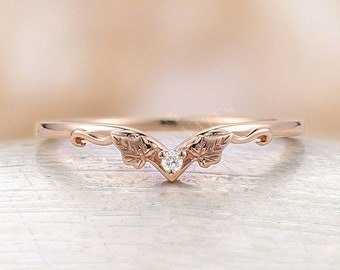 Art Deco Natural Diamond Curved Wedding Band vintage rose gold wedding ring unique leaf design matching bridal ring anniversary promise