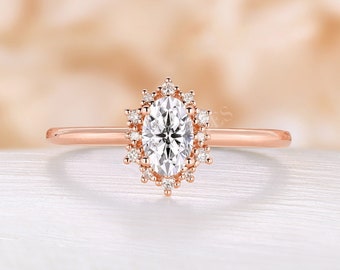 Vintage verlovingsring voor altijd Eén Moissanite ring roségouden ovale diamanten ring halo art deco ring trouwverjaardag ring bruidsring