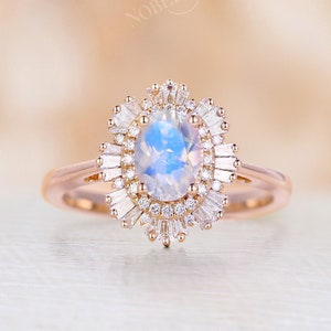 Vintage moonstone engagement ring oval cut blue moonstone wedding ring yellow gold unique diamond halo ring Anniversary promise ring