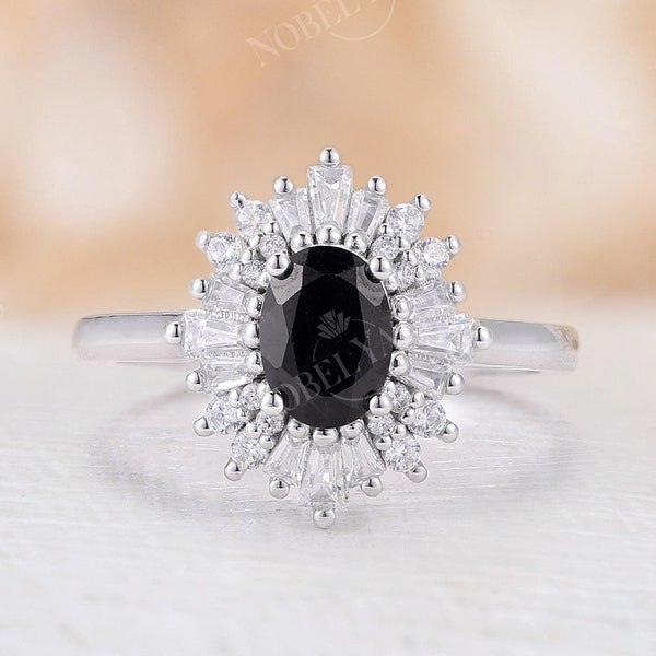 Vintage black diamond engagement ring Oval black onyx ring diamond cubic zirconia halo ring Antique black sapphire ring Unique bridal ring