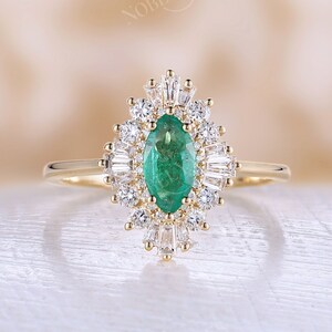 Art deco Marquise cut Natural Emerald engagement ring Vintage yellow gold Gatsby baguette diamond halo bridal ring Anniversary Promise ring