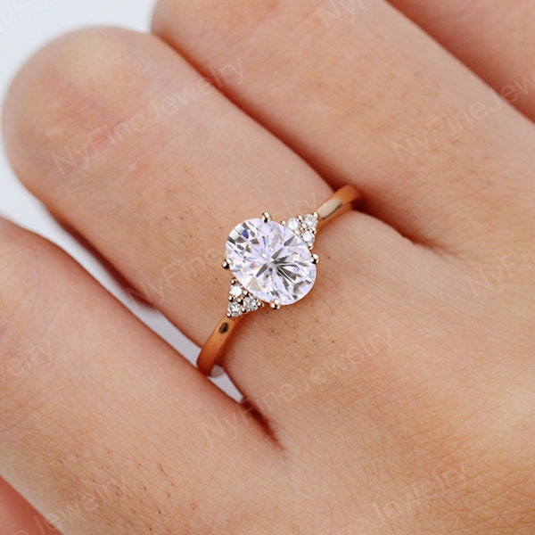 Vintage Moissanite engagement ring art deco rose gold ring oval moissanite ring prong diamond cluster ring wedding Bridal Anniversary ring
