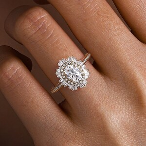 Art Deco Oval Diamond Engagement Ring, Double Halo Diamond Wedding Ring, Half Eternity Ring, 18K Gold Ring, Moissanite Bridal Ring for Women