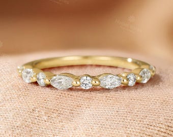 Patchwork Design Diamond Wedding Band, 18K Gold Stackable Matching Rings, Dainty Half Eternity Ring, Custom Gifts for Her