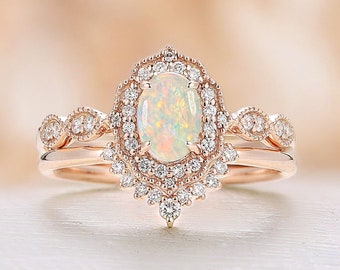 Art deco Natural Opal engagement ring set rose gold Halo diamond Antique ring set curved wedding band bridal milgrain set Anniversary ring
