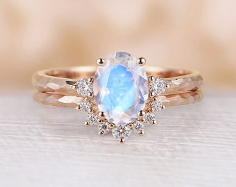 Antique Moonstone engagement ring set Rose gold Unique hammered design bridal ring moissanite curved matching wedding band Promise ring