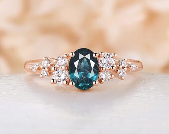 Vintage oval cut blue green sapphire engagement ring antique round cut moissanite cluster ring unique rose gold ring anniversary bridal ring