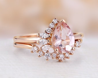 Vintage Morganite Engagement Ring set Art deco Pear shaped Bridal set Antique half Halo Diamond Wedding Anniversary ring Promise ring