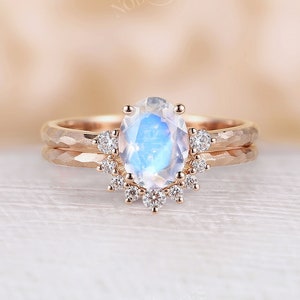 Antique Moonstone engagement ring set Rose gold Unique hammered design bridal ring moissanite curved matching wedding band Promise ring image 1
