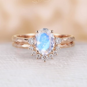 Antique Moonstone engagement ring set Rose gold Unique hammered design bridal ring moissanite curved matching wedding band Promise ring image 1