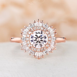 Vintage round cut moissanite halo engagement ring rose gold ring antique wedding ring tapered baguette cut cz ring anniversary promise ring