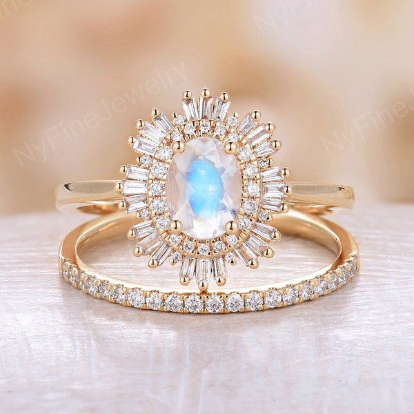 Vintage Moonstone engagement ring set oval cut art deco blue moonstone yellow gold ring diamond CZ halo Bridal set Anniversary ring