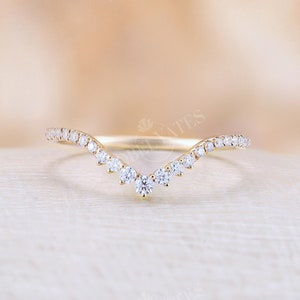 Art Deco Half Eternity Wedding Band, Diamond Curved Wedding Band, Moissanite Bridal Band, Antique Chevron Band, Yellow Gold Anniversary Ring