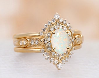 Vintage 3pcs Opal engagement ring yellow gold diamond Halo ring oval cut natural opal unique art deco wedding bridal Anniversary ring