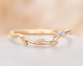 Natural diamond wedding band Curved leaf wedding band vintage Diamond prong band Unique stacking matching band solid gold ring anniversary