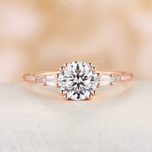 Round cut moissanite engagement ring rose gold vintage tapered baguette cut bridal ring antique double craw wedding promise anniversary ring