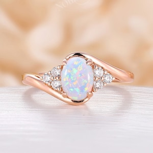 Oval shape lab opal engagement ring vintage bypass ring rose gold ring moissanite cluster ring round cut anniversary promise bridal ring