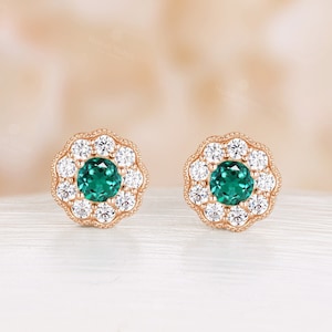 Delicate Lab Emerald Stud Earrings, 14K Rose Gold Earrings Studs, Daily Wear Earrings, Bridal Earrings, Daisy halo Moissanite Stud Earrings
