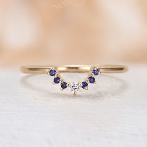 Yellow Gold Curved Wedding Band vintage Diamond Ring Unique Sapphire Bridal stacking Delicate matching band Promise Anniversary ring