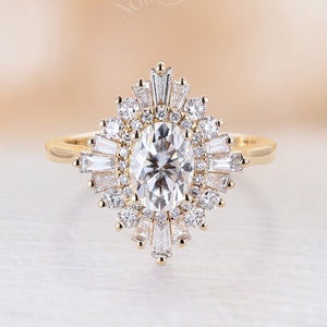 Vintage moissanite engagement ring yellow gold Diamond/CZ halo ring Oval moissanite Art deco ring wedding ring Unique Anniversary Promise