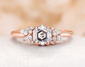 Hexagon cut moissanite engagement ring rose gold ring unique pear cut diamond cluster ring Vintage round cut ring anniversary promise ring