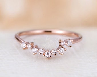 Rose gold wedding band Curved unique diamond band stacking matching band Cluster antique band Promise art deco Bridal Anniversary ring