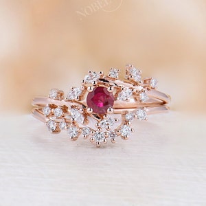 Ruby engagement ring set Diamond Cluster ring Unique rose gold round cut ring Delicate leaf design wedding Bridal Promise Anniversary