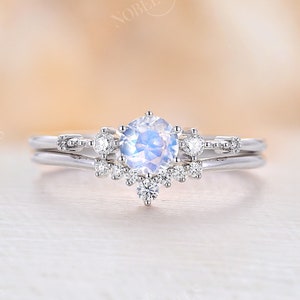 5mm Moonstone engagement ring set white gold vintage engagement ring unique Diamond prong ring wedding Bridal set Anniversary promise ring