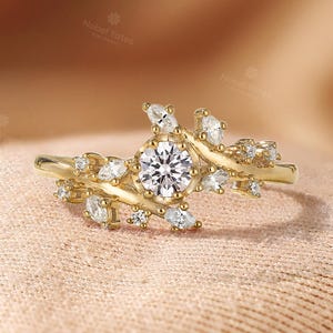 Anello di fidanzamento con diamanti ispirato alla natura, fascia con diamanti a grappolo in oro rosa, fede nuziale a foglia unica, anello nuziale con gemme a taglio rotondo, anello personalizzato