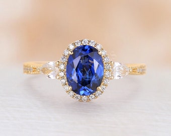 Sapphire Engagement Ring oval cut lab sapphire ring Vintage diamond halo milgrain ring yellow gold Wedding bridal Unique Anniversary ring