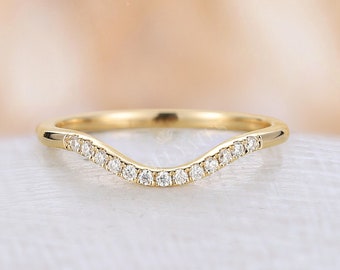 Curved wedding band diamond ring matching ring yellow gold ring vintage ring stacking ring art deco ring moissanite ring anniversary ring