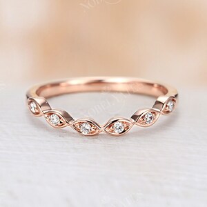Art deco diamond wedding band vintage rose gold curved band Half eternity antique marquise bridal ring Promise Stacking Matching band