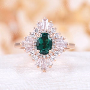 Vintage emerald engagement ring art deco oval lab emerald ring rose gold baguette diamond halo ring bridal ring promise anniversary ring