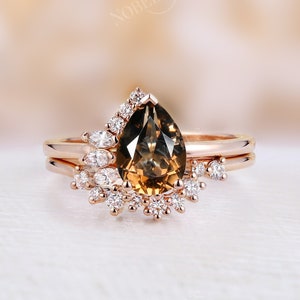 Vintage Smoky Quartz engagement ring set art deco pear shape bridal set antique diamond cluster wedding ring anniversary promise ring