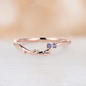 Alexandrite wedding band Curved leaf design band vintage Diamond solid gold band Unique stacking matching band promise anniversary ring