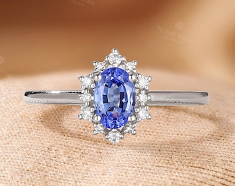 Vintage Lab Cornflower Sapphire Engagement Ring,Handmade 14K White Gold Ring,Diamond Halo Design Ring, Eco-friendly Gems Ring -NyFineJewelry