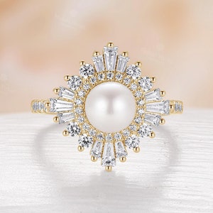 Art Deco Akoya Pearl Engagement Ring, Double Halo Design Ring With Diamond, Elegant 18K Gold Ring, Custom Gem Wedding Ring, Rings for Women