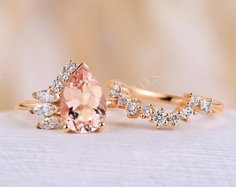 Peach pink Morganite Engagement Ring set Art deco Rose Gold Pear shaped Bridal set Antique Diamond Halo Wedding set Anniversary promise ring