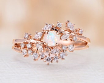 Opal engagement ring Rose gold natural opal ring set Diamond Cluster ring Unique Delicate leaf wedding Bridal Promise Anniversary ring