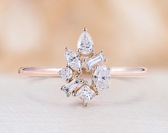 Art deco 0.5CT Diamond Cluster Engagement ring Rose gold Vintage Floral Pear & Marquise Moissanite Bridal ring Delicate Wedding promise ring