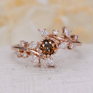 Vintage Smoky Quartz engagement ring unique leaf design rose gold ring marquise diamond cluster wedding bridal ring promise anniversary ring