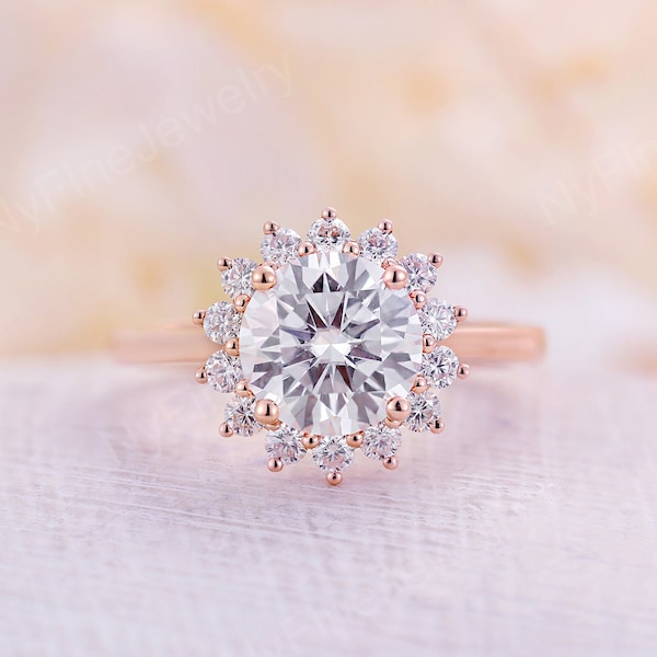 Moissanite engagement ring vintage rose gold Unique diamond halo antique round moissanite Bridal prong ring promise art deco Anniversary